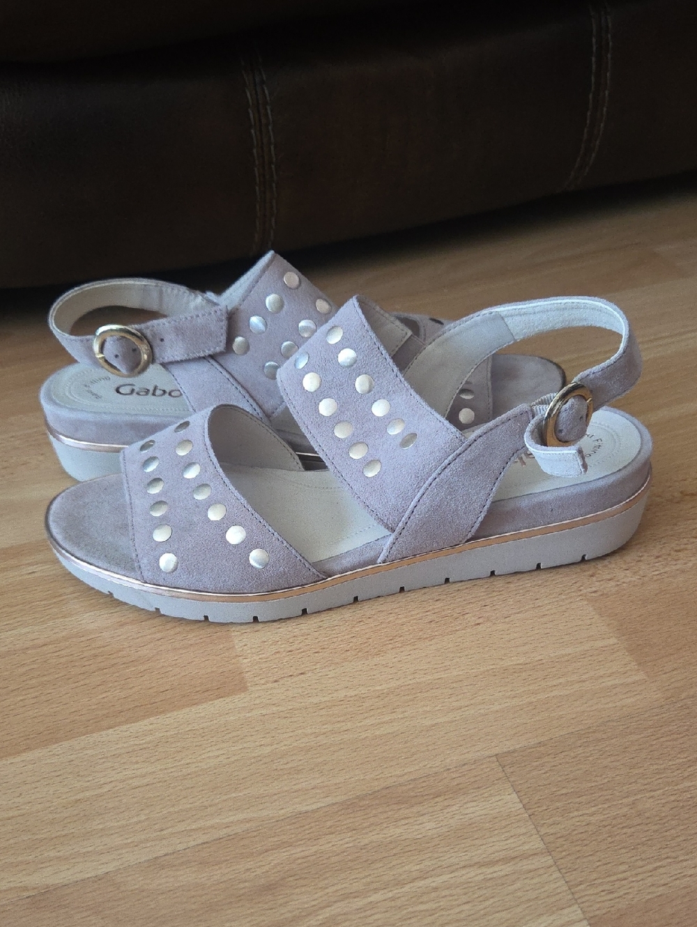 Gabor Light Taupe Suede Studded Slingback Sandals With Rose Gold Trim & Studs 7